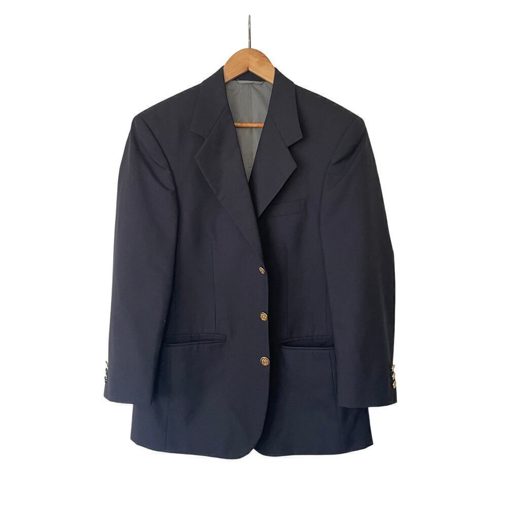 Hardy Amies Navy Blue 100% Wool Blazer Jacket with Gold Buttons • Size 36R 🗣